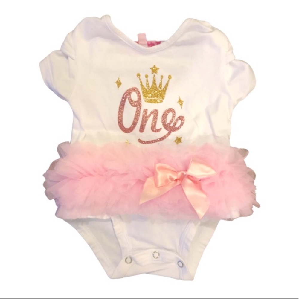 Popatu “1” Birthday Tutu Onesie • White/Pink Sparkle • 12M